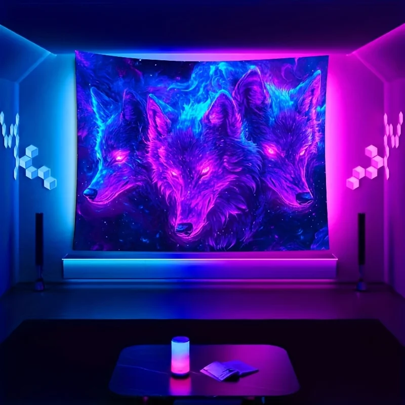 VIKAMA Cyber Wolf Soul Wandteppich, rotäugig, drei Wölfe, Neon, Sternenhimmel, Rauch, Esports, Raumthema, Partydekoration