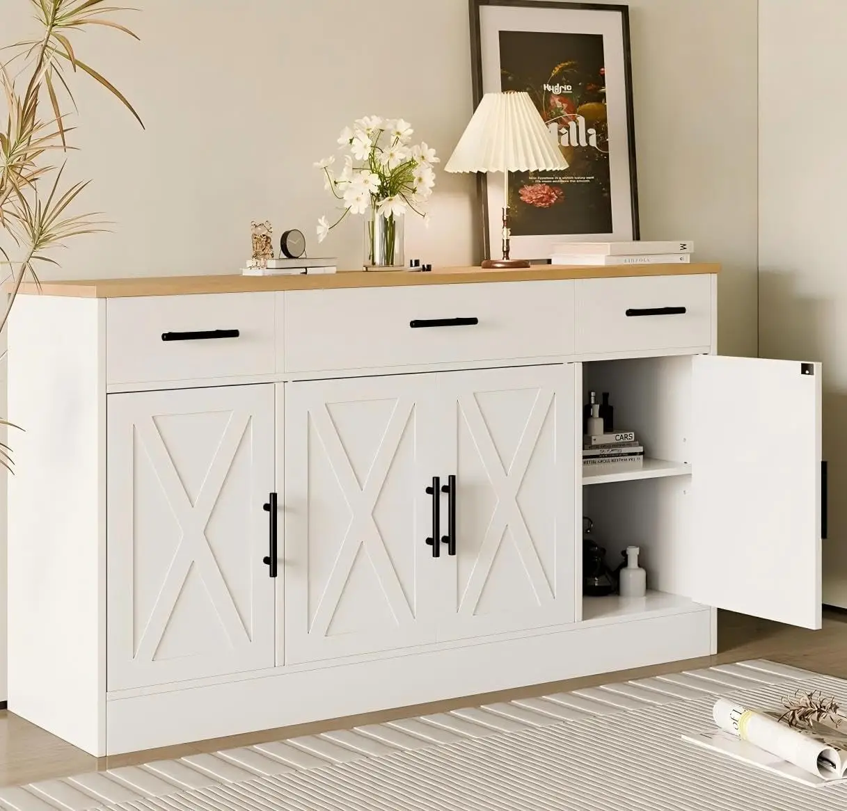 

Buffet Cabinet with Storage, Farmhouse Storage Cabinet with 4 Doors and 3 Drawers, Coffee Bar Station