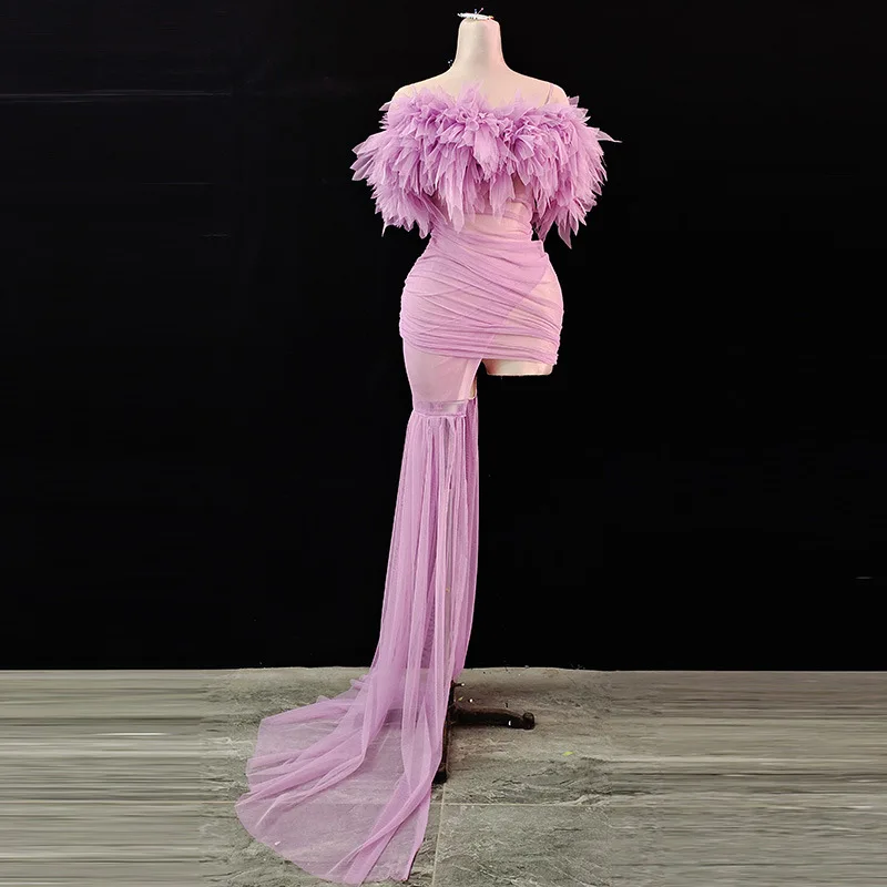 

Transparent Mesh Green Pink Gloves Short Skirt Trailing Evening Stage Performance Dress Women Vestidos De Noche Elegante De Lujo