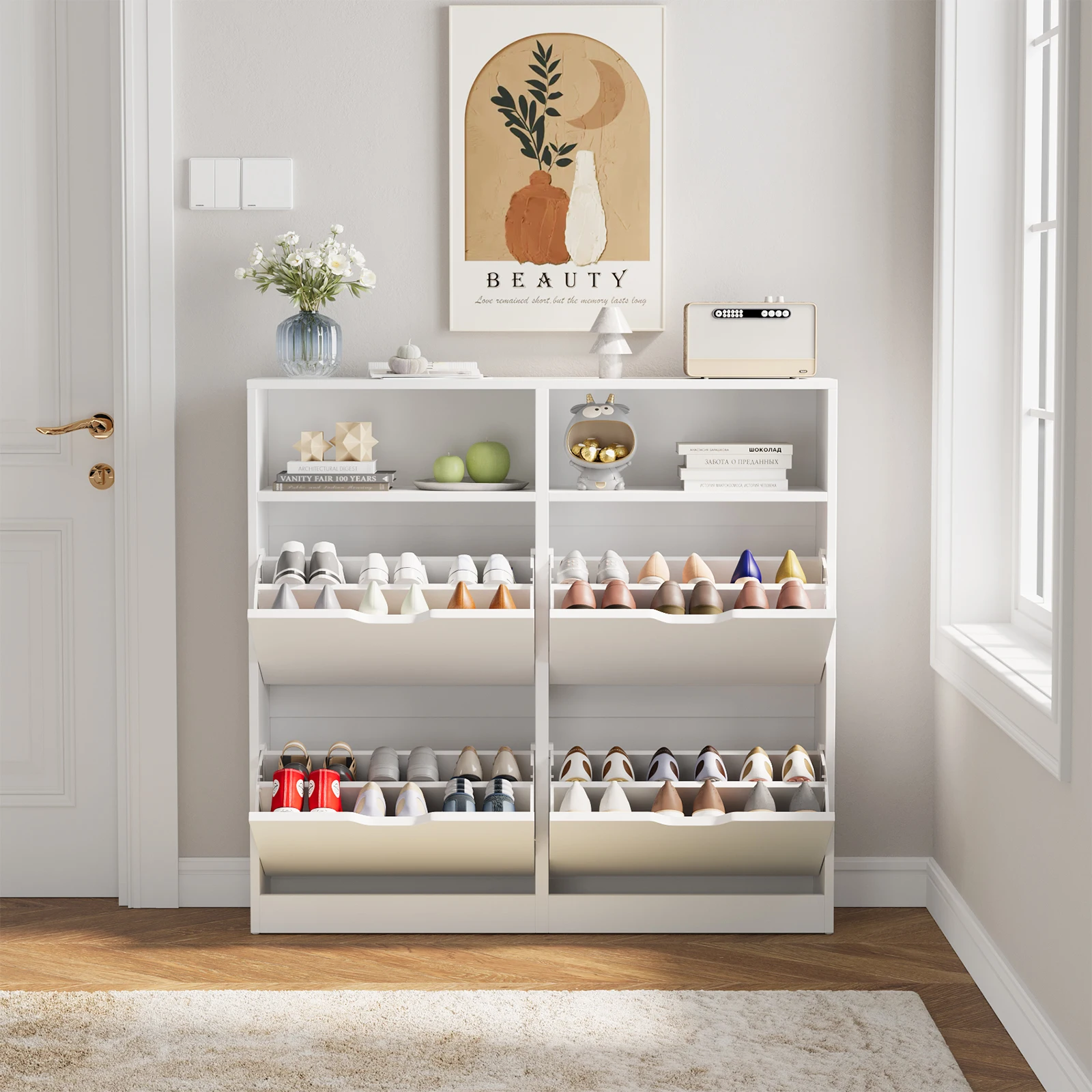 Shoe Storage Cabinet with 4 Flip Drawers, Freestanding Shoe Cabinet
