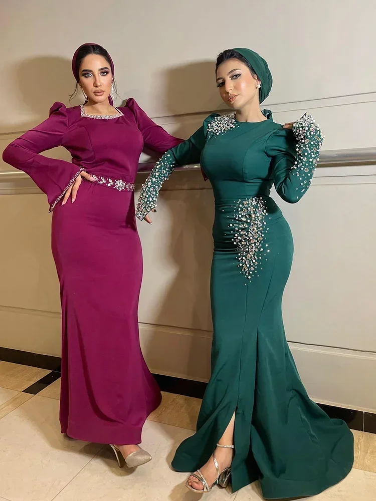 Customized Prom Gowns Women\'s Long Sleeve O Neck Evening Gown Pleated Satin Beaded Crystal Floor Length