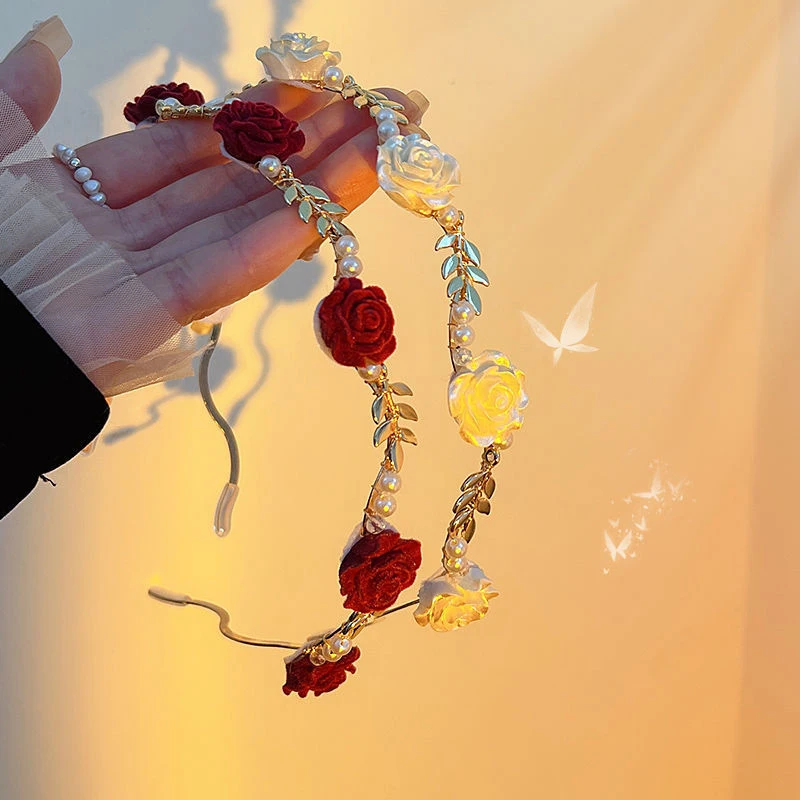 Elegant Vintage Ladies Rose Vine Headband Hair Accessories Headdress Girls Metal Flower Pearl Red White Rose Hairbands