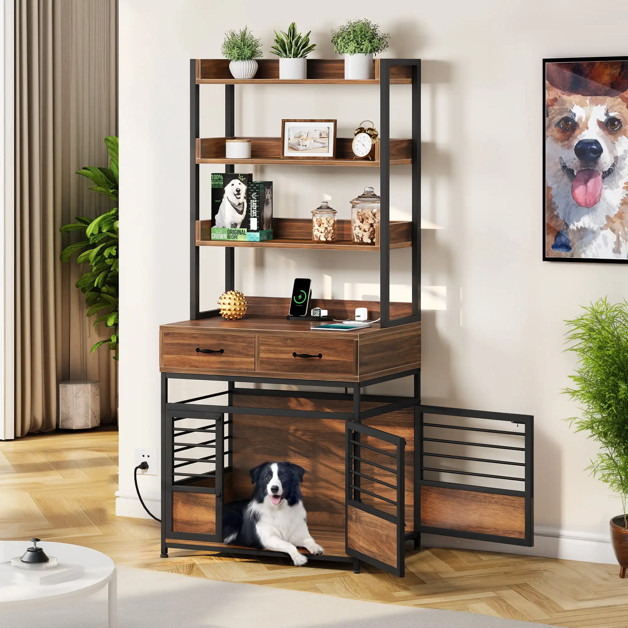 

Heavy Duty Pet Cat Dog Crate Furniture with 4 Storage Shelves and 2 Drawers & Charging Station, Dog Kennel Indoor
