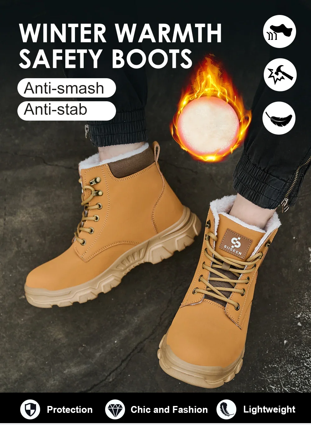 Men Winter Work Safety Boots Lightweight Steel Toe Work Shoes Men Waterproof Warm Security Protection Safety Shoes