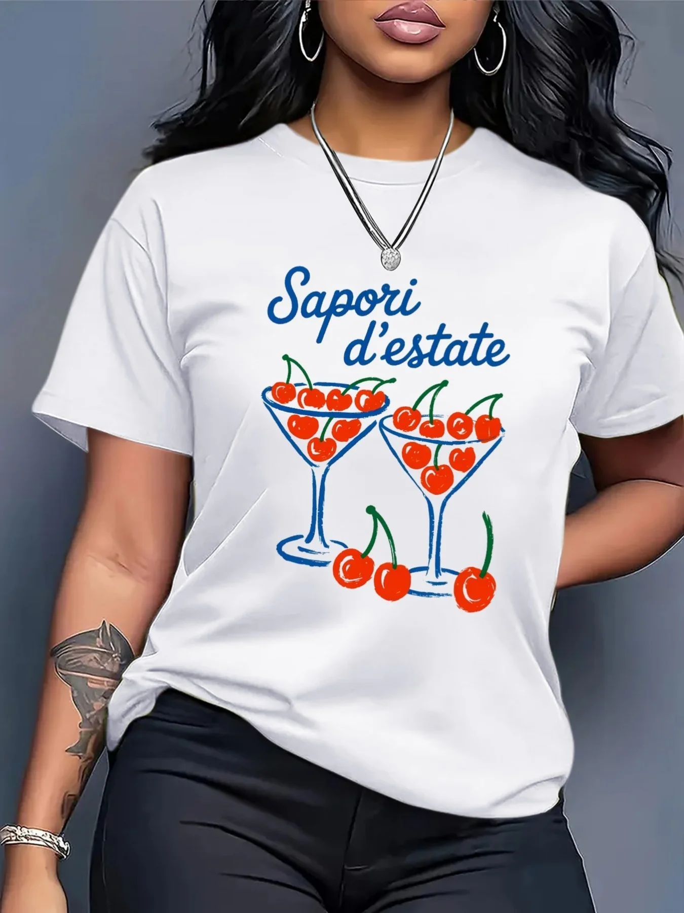 Italian Sapori D'estate Letter T-Shirt Women Cherry Fruit Graphic Tee Summer Fashion Short Sleeve Crew Neck Casual Female Tops