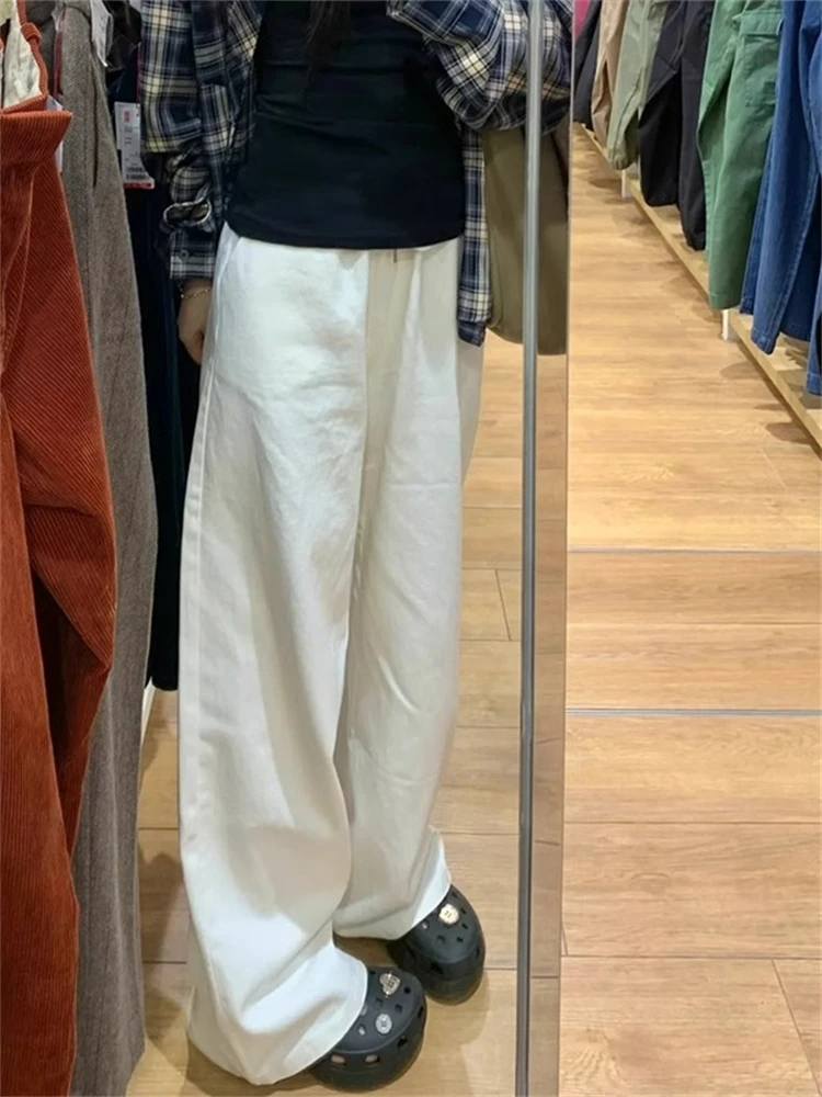 High Waist Wide Leg Pants Women's Loose BF Lazy Style Casual Trousers White Color Flattering for Pear Shaped plus Size MM