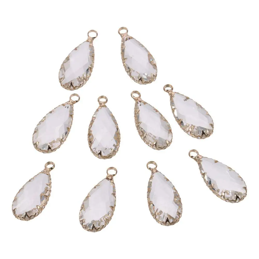 Faceted glass and gold plated brass Teardrop Pendants Transparent Crystal Dangle Charms Plated Brass Frame