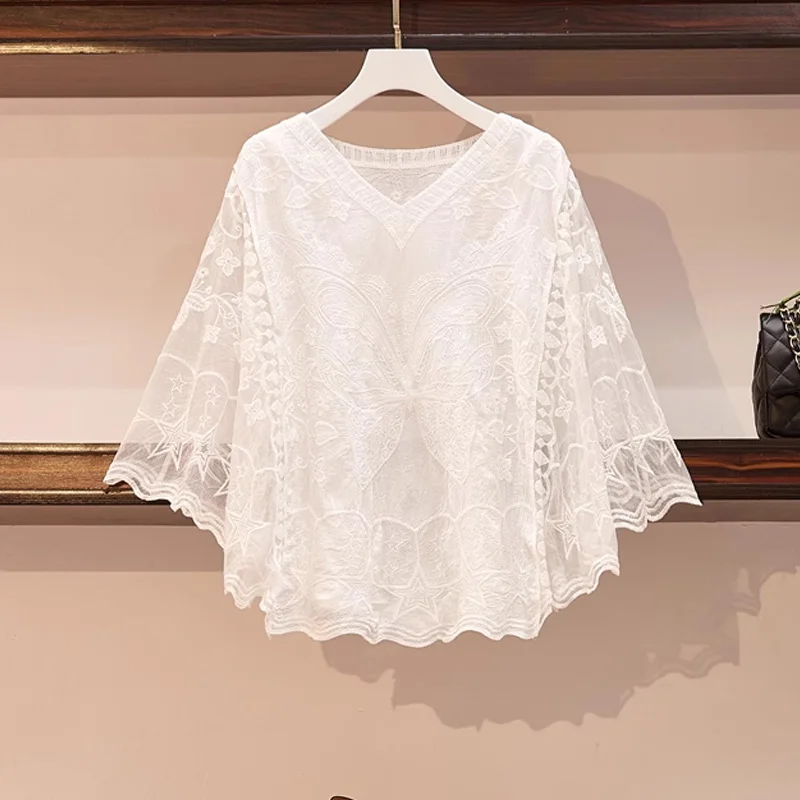 Primavera Verano moda blanco cuello pico manga Baty blusa de mujer Casual Jersey suelto dulce encaje bordado señora Tops nuevo MS16