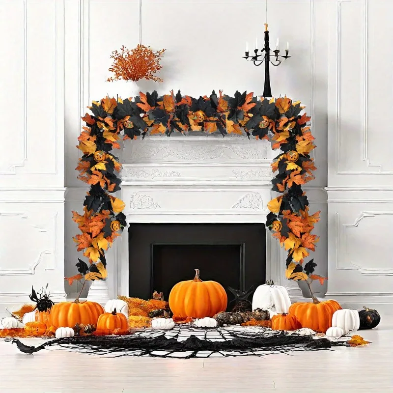 Halloween Garland 175cm Gothic Maple Leaf Pumpkin Vine Spider Decor for Fireplace Mantel Fall Party Hanging Decoration