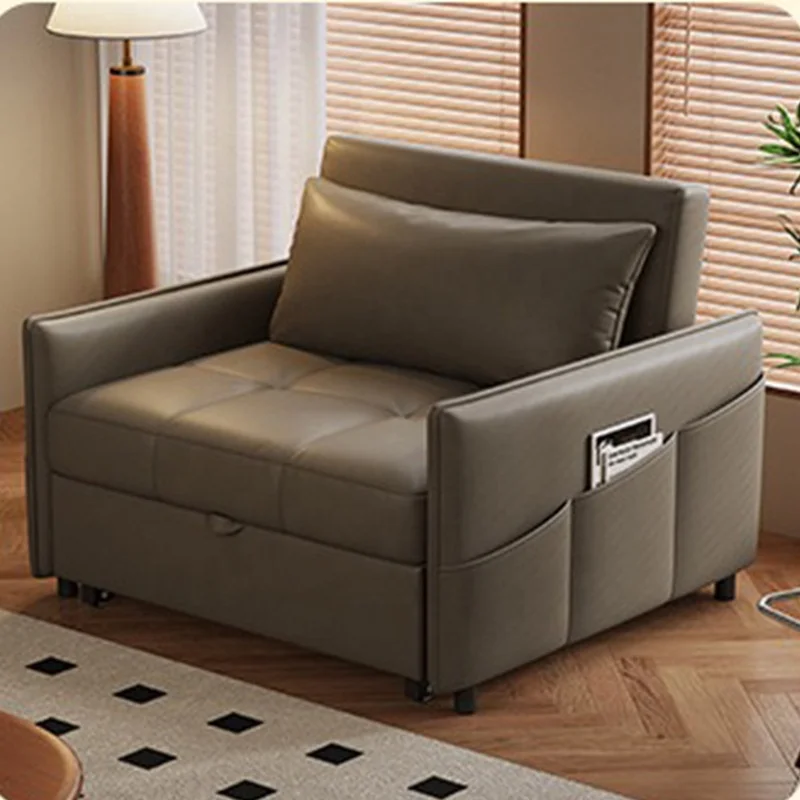 Hot Sale Modern Single Sofa Bed With Storage Pocket Scratch-Proof Leather Pull Out Sofa Bed Small Spaces Apartment Living Room