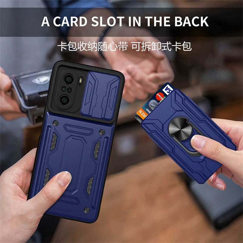 For xiaomi poco f3 case slide card camera armor phone case for pocophone little poco f3 f 3 pocof3 f3poco car holder back cover - view 5
