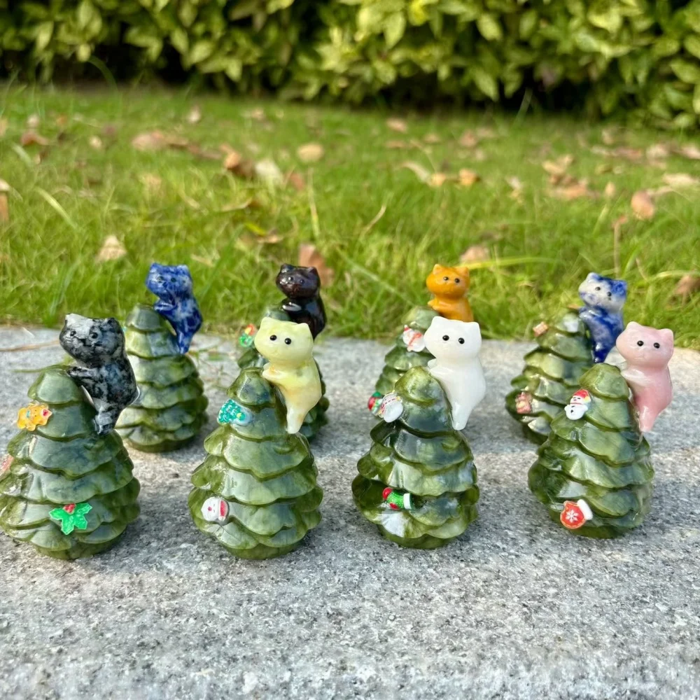 Natural Serpentine Christmas Tree Figurine Cute Crystal Cat Climb Tree Statue Hand Carved Gemstone Mini Ornament Home Desk Decor