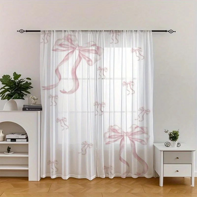 2PCS Digital Print Sheer Curtains, Pink Bowknot Pattern, Sweet Lovely Girlish Style for Girls Bedroom Living Room Decor