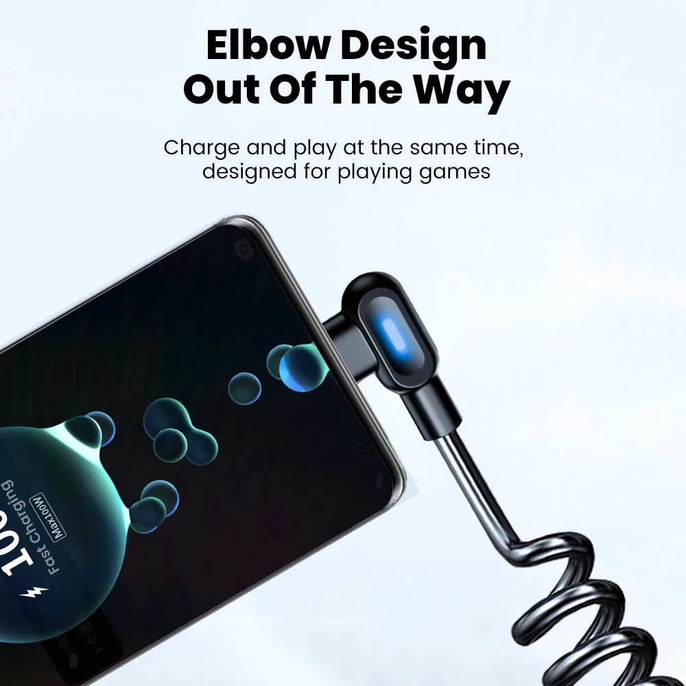 0.4-1.5M Retractable Double Elbow USB Type C Cable 6A Fast Charging USB C Cable 90 Degree Spring Data Wire For Huawei Xiaomi LG
