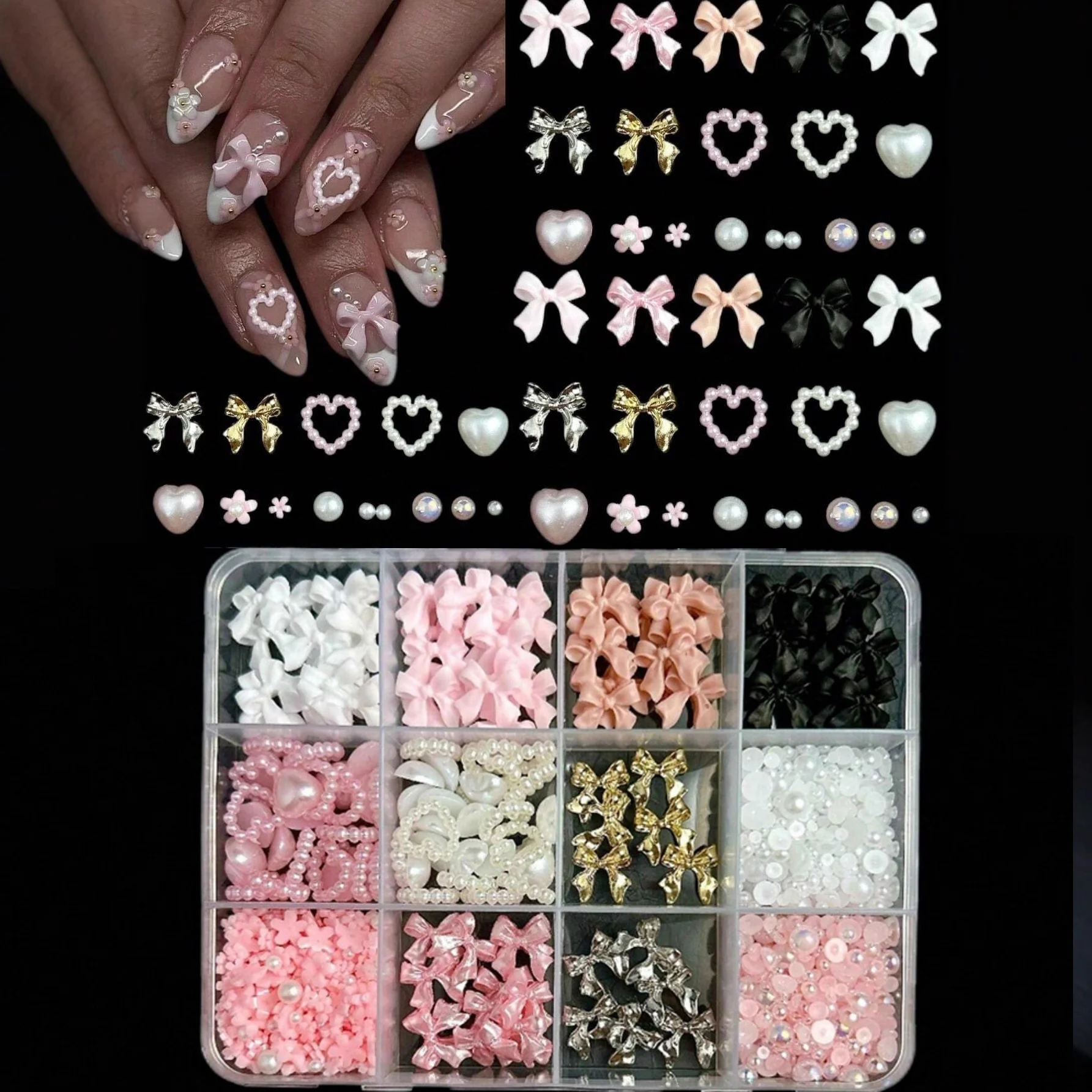 1 Set 3D Schleifen-Nagelanhänger, gemischte Harzperlen, Nagelkunst-Dekoration, DIY Maniküre-Bastelzubehör mit Stift und Pinzette