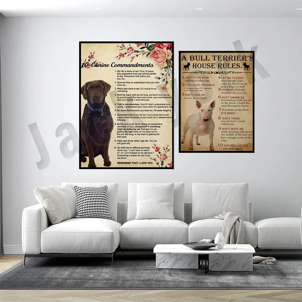 10 dog commandments labrador poster, bull terrier house rules, bull terrier dog, labrador lovers poster, dog love poster