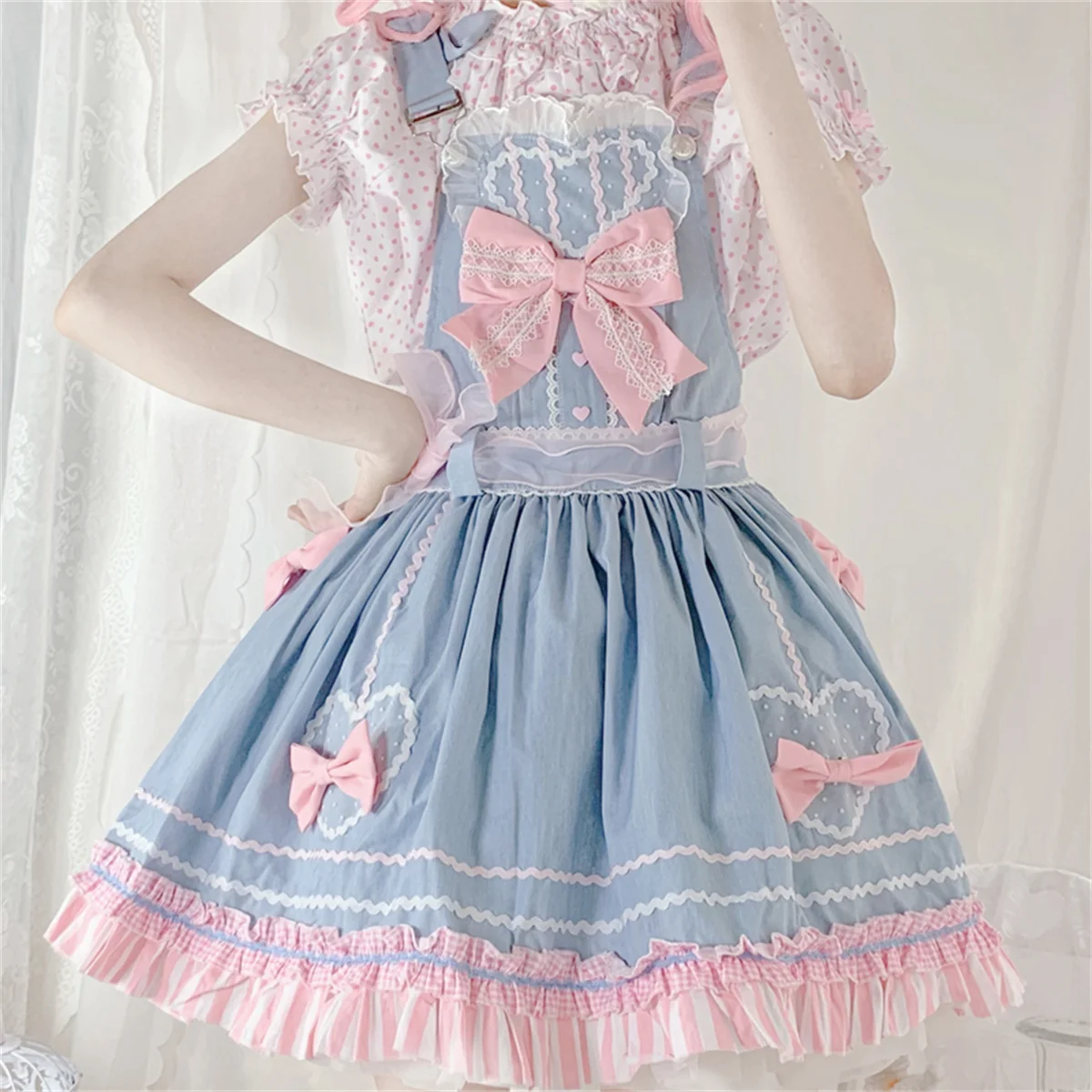 Japanischen Stil Kawaii Mädchen Cosplay Lolita Jsk Nette Anzug Top + kleid Süße Loli Polka Dot Puff Sleeve Top Spitze bogen Rüsche Kleid