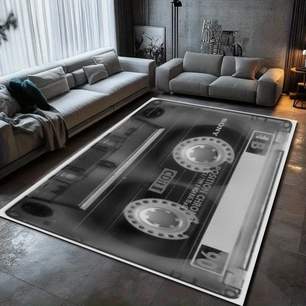 Vintage TDK Cassette Tape Pattern Rug, Gaming Room Carpet & Music Studio Floor Mat, Living Room Decor for 80s 90s Nostalgia