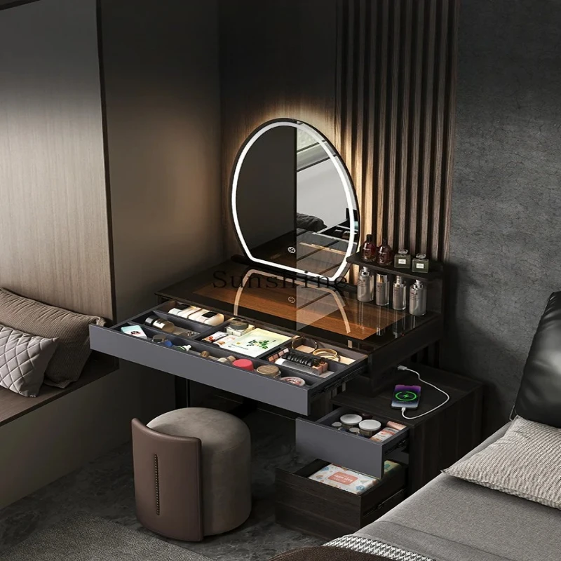 Italian style, dresser with rechargeable makeup table, small apartment, bedroom, bedside table integrated
