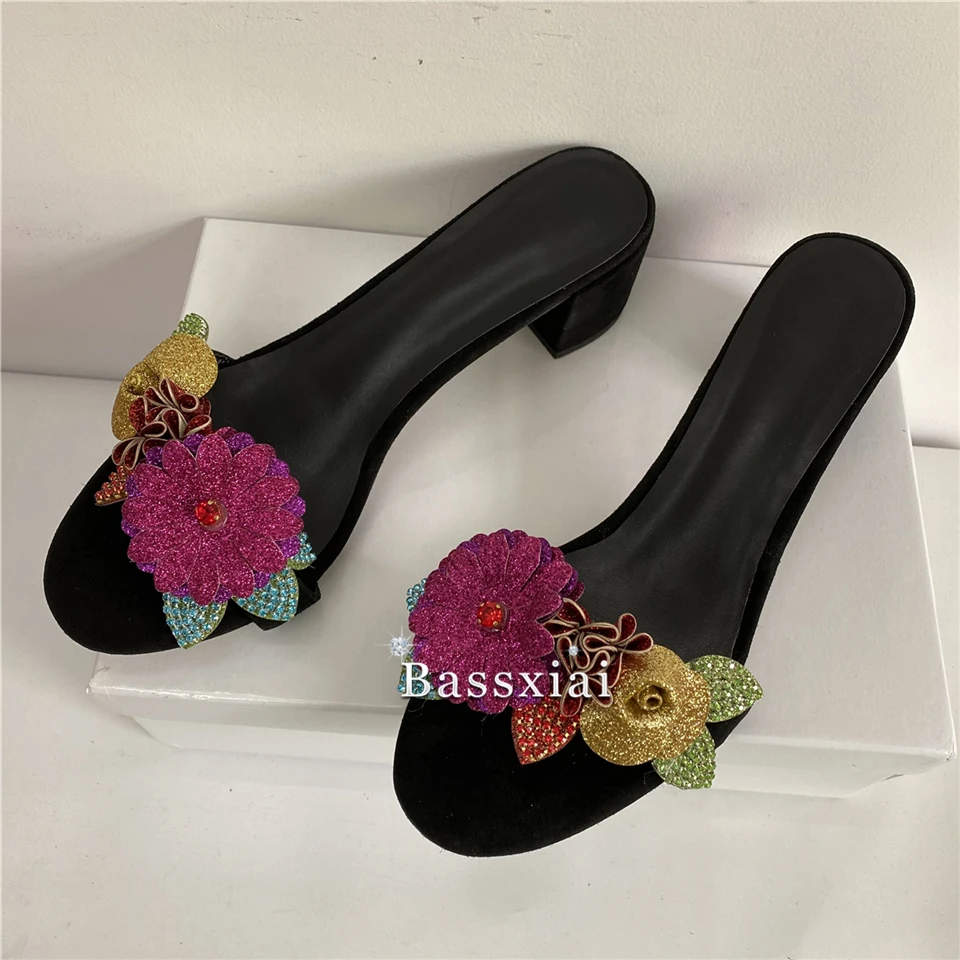 Colorful Sequins Crystal Flower Sandals Women Luxury Suede Slingbacks Med Heel Open Toe Summer Mules For Girls