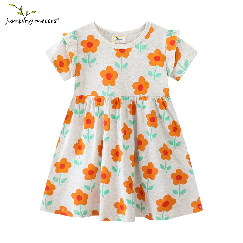 

Jumping Meters 2-7T Flowers Print Summer Girls Dresses Short Sleeve Fashion Children's Clothes Toddler Wear