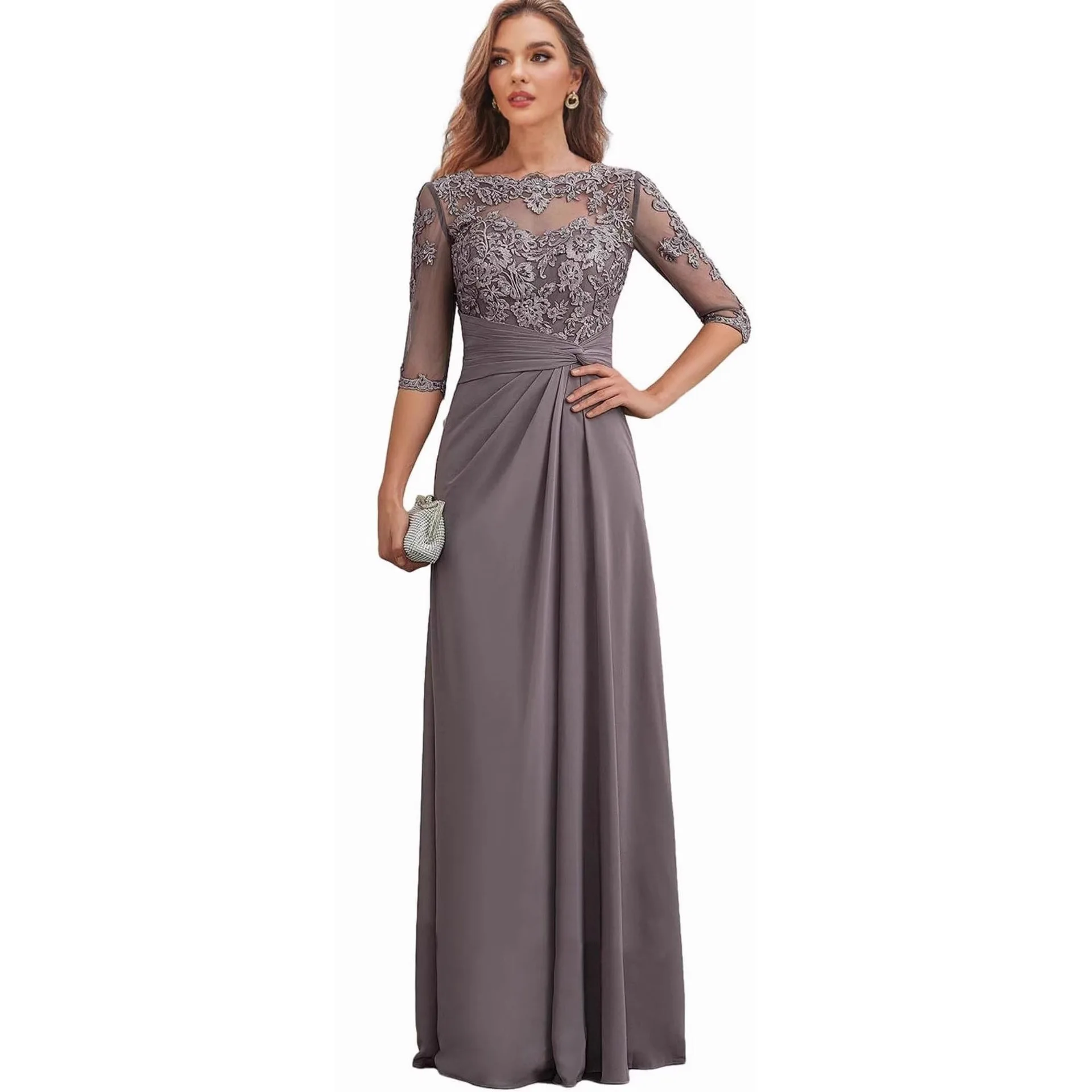 QMANSHA Blumen-Applikation Chiffon Maxikleid Damen Dreiviertelärmel Gedrehte Taille Afrikanisches Kirchen-Hochzeitsgast Formelles Kleid – Detail 1