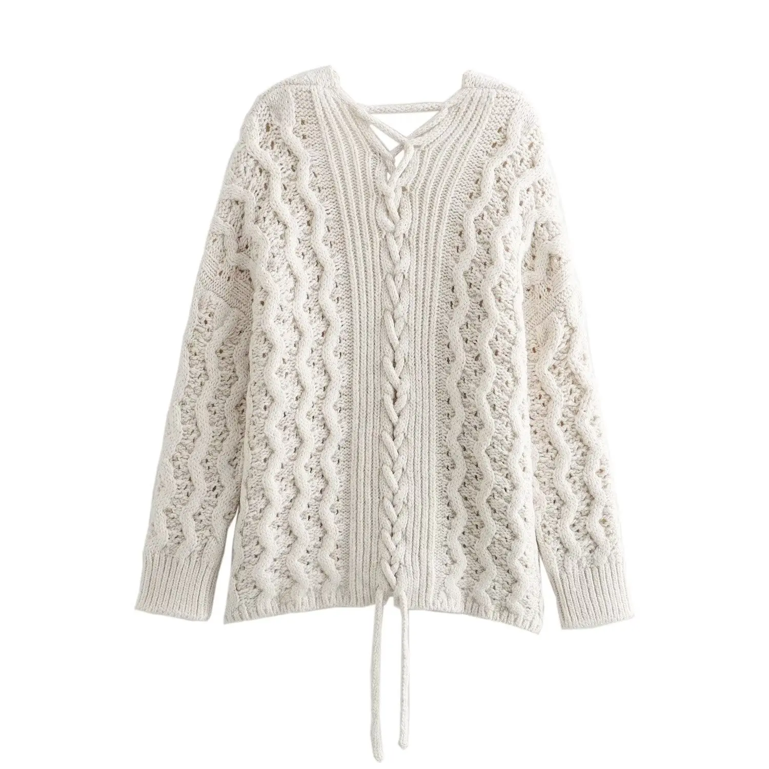 Stephen & Di-abrigo Jacquard para mujer, cárdigan de punto con agujeros, suéter largo, Tops para mujer, blanco roto, francés, invierno, 2024