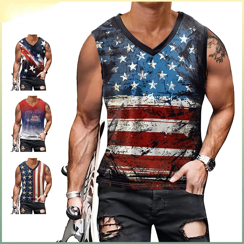 Men Independence Day Tank Top Flag Print Vest Male Fashion Summer Streetwear Sleeveless Sport Shirt V-neck Casual Clothes S-2xl