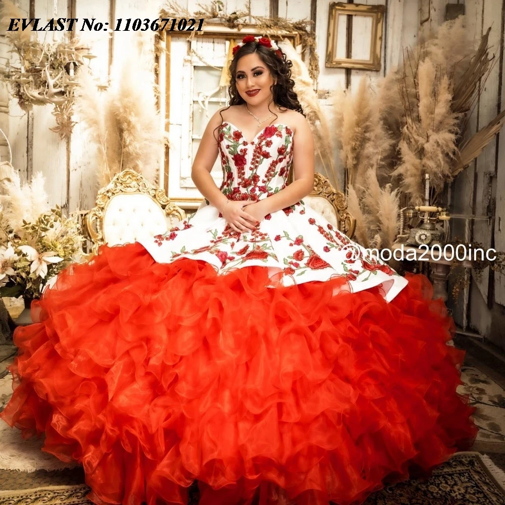 EVLAST Shiny Charro White Red Quinnceanera Dress Ball Gown Embroidery Beaded Mexico Corset Sweet 16 Vestidos De 15 Anos SQ593