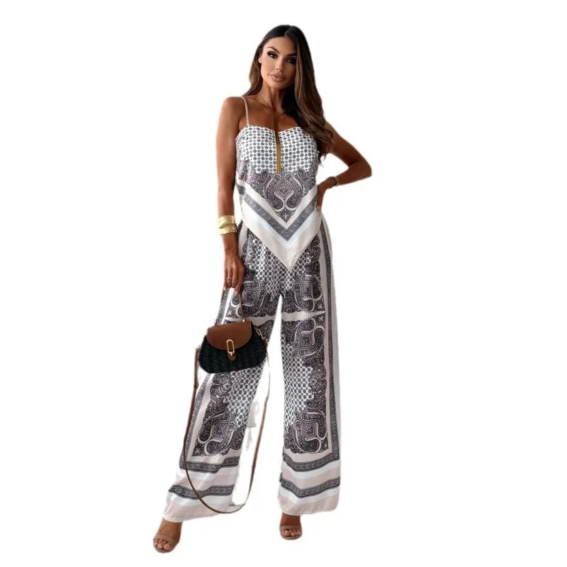 Women's Sleeveless Distressed 3D Print Full Length Pants Elegant Wrinkle Resistant Two Piece Matching Set with Spaghetti Strap