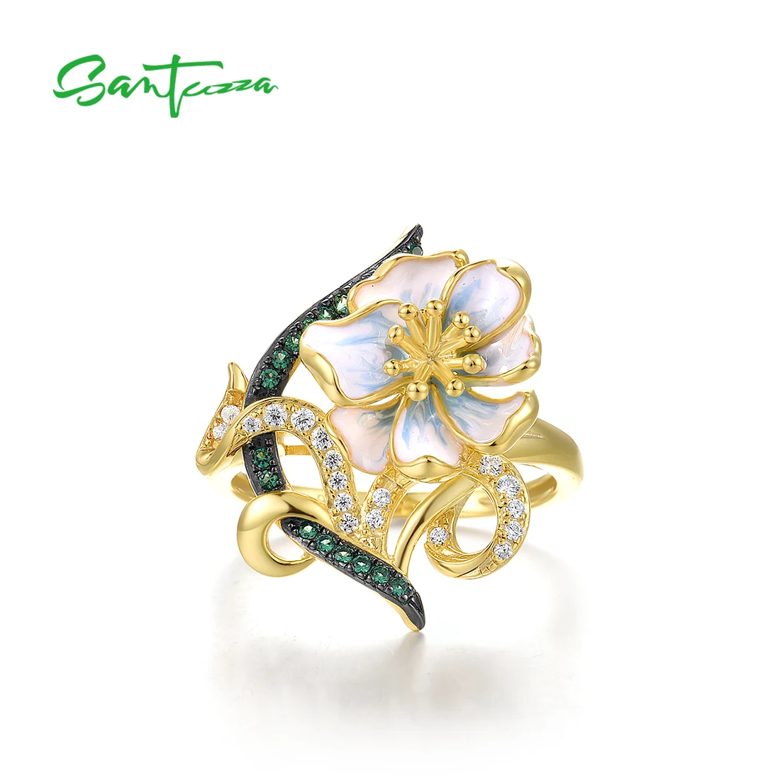 SANTUZZA Genuine 925 Sterling Silver Rings For Women Green Spinel White CZ Handmade Enamel Flower Ring Delicate Fine Jewelry
