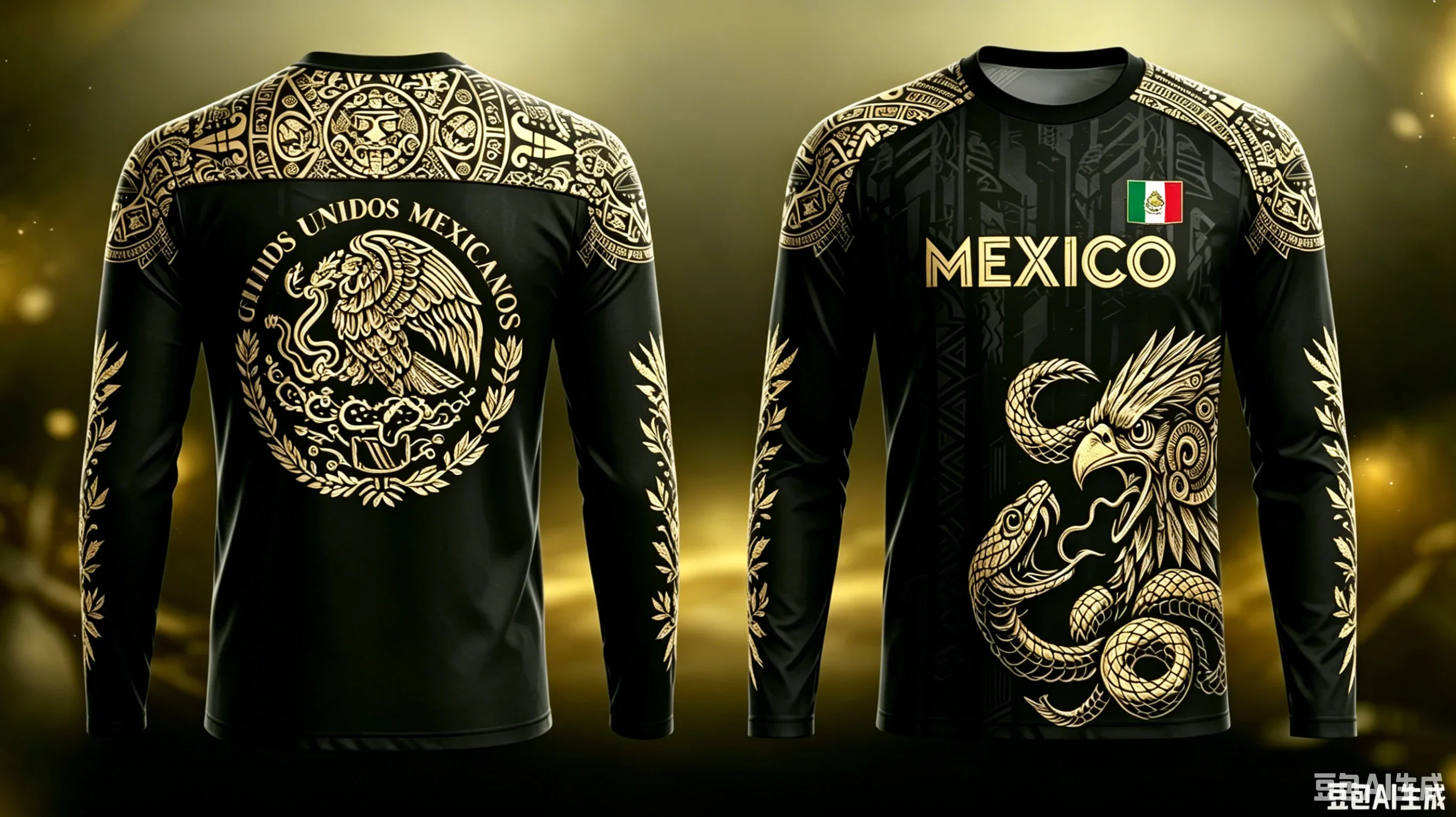 Mexican Soccer Jersey, Unisex Mexico Jersey, Long‑Sleeve T‑Shirt with Mexican Aztec Pattern, Gift for Soccer Players and Fans