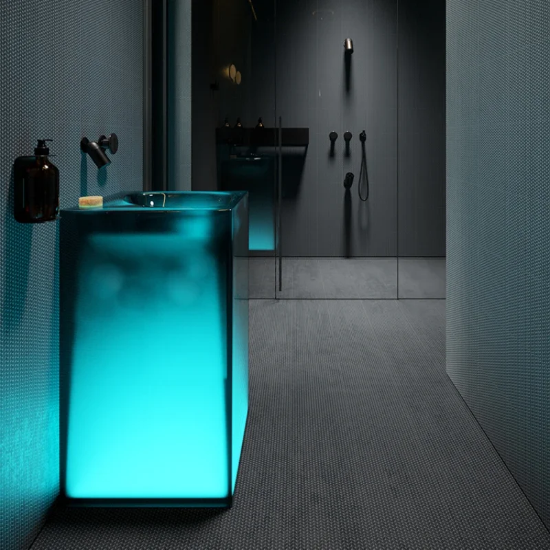 With light, it can emit blue transparent floor-standing washbasin, small bathroom cabinet, bathroom cabinet, column basin