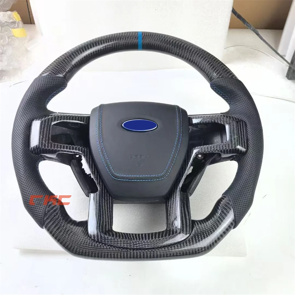 

Customized black Carbon Fiber Perforated Leather blue strip Steering Wheel for 2015 2016 2017 2018 2019 2020 Ford Raptor