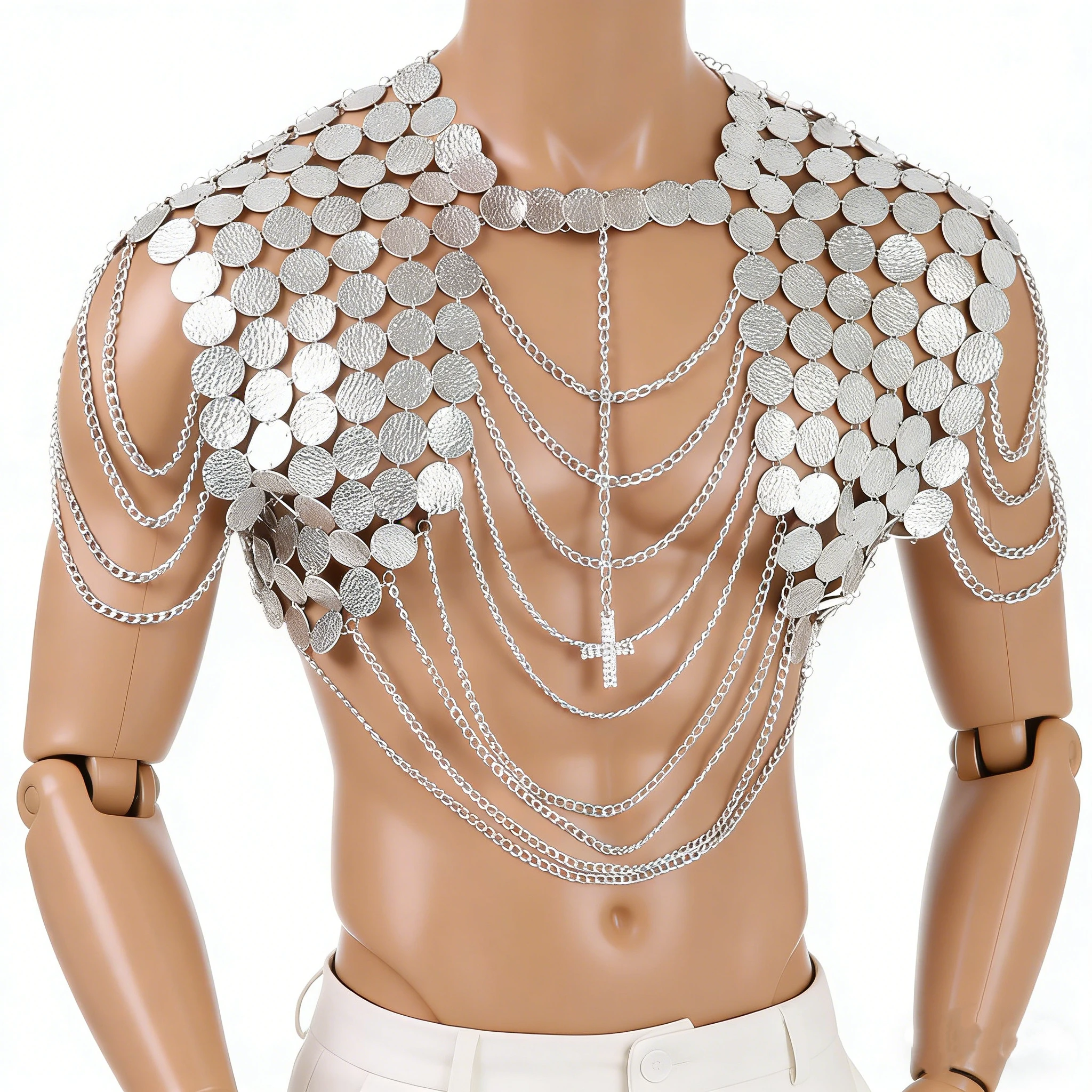 

Silver Shiny Sequin Crop Top for Men Sexy Chain Armor Style Tank Top with Crucifix Decor Nightclub Party Clubwear Costume