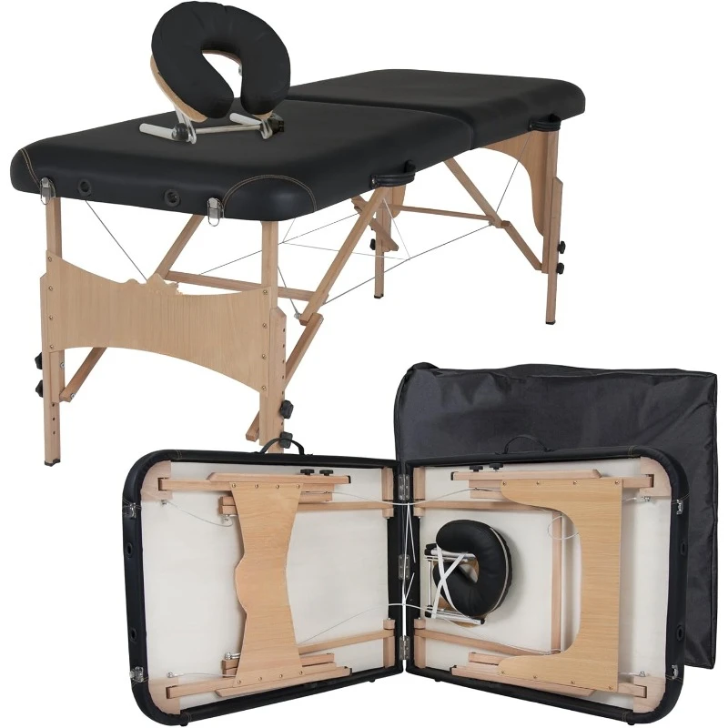 Portable Massage Table Package Shasta - All-In-One Treatment Bed w/ Adjustable Face Cradle, Pillow & Carrying Case, Black