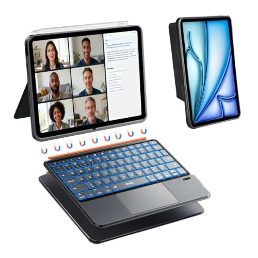 

Магнитный съемный чехол-клавиатура 3-в-1 для iPad 11 дюймов M4/M3/M2 10-го/11-го поколения с регулируемой подставкой, подсветкой клавиш и тачпадом