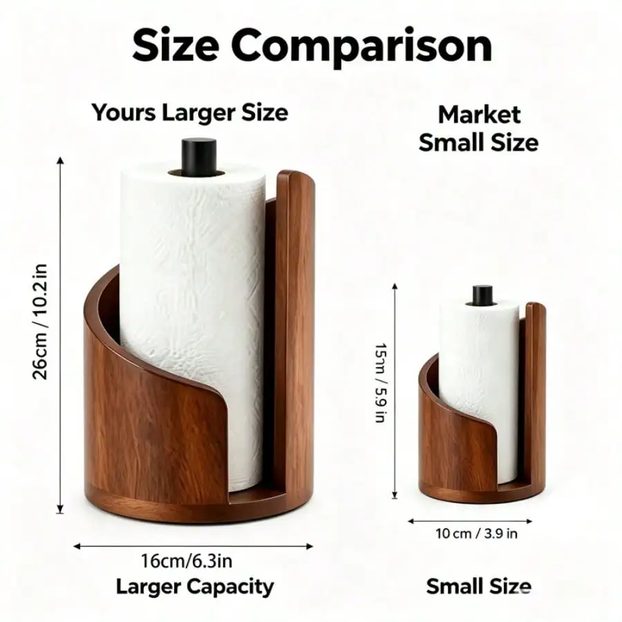 Large Wooden Standing Paper Towel Holder - Countertop Paper Towel Stand For Kitchen, Holds Jumbo & Mega Rolls, Solid Wood Base, No Assembly