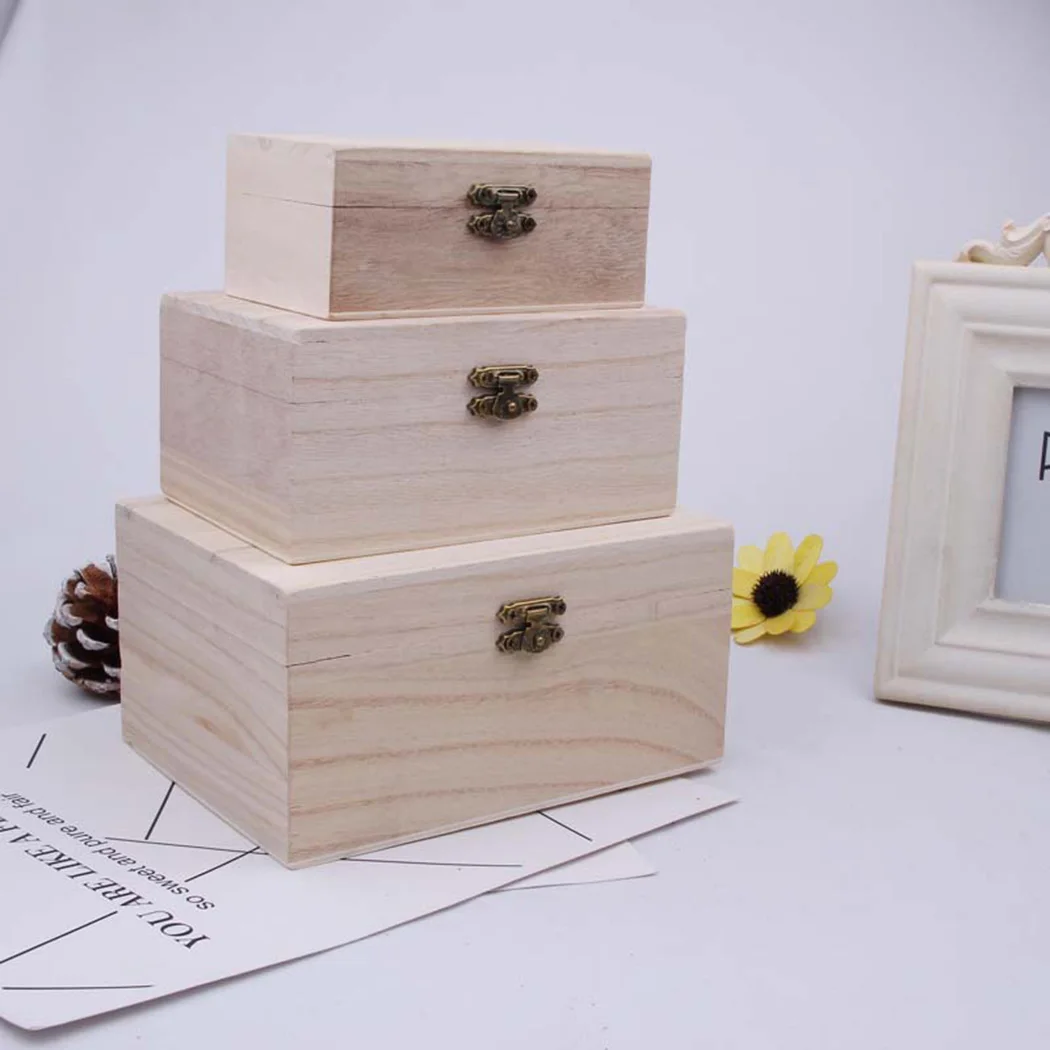 S/M/L Wooden Storage Box Plain Wood With Lid Multifunction Square Hinged Craft Gift Boxes For Home Supply Storage Decoration