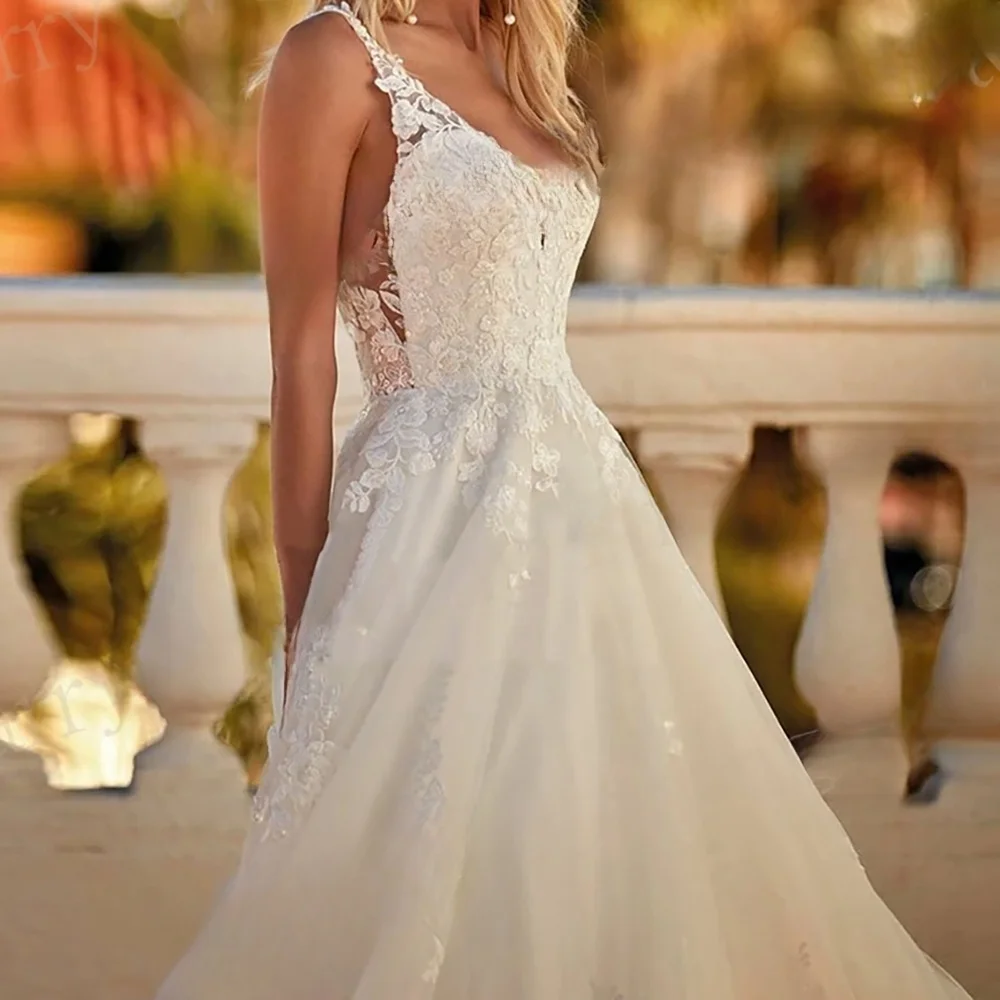 Vestidos de casamento femininos2025 rendas com decote em v vestidos de noiva uma linha sexy sem costas apliques sem mangas bola cintas de espaguete personalizado ﻿