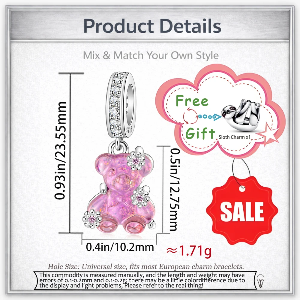 SilJew 925 Sterling Silber Bären-Anhänger mit Rosa und Blauem CZ-Perlen-Resin, Passend für Pandora Armband und Halskette, DIY-Schmuckherstellung, Geschenk für Frauen – Detail 2