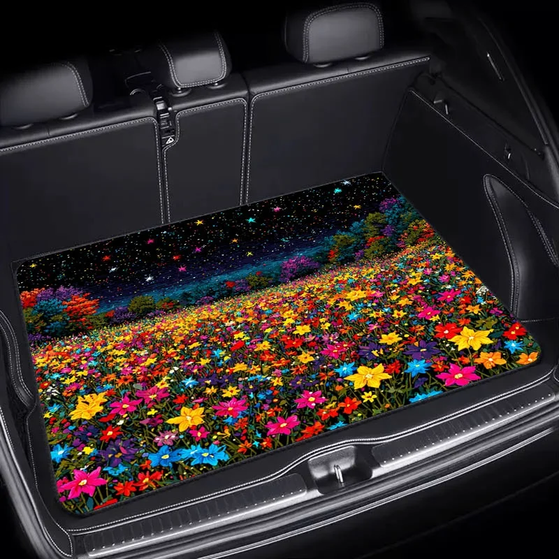 1pc Car Trunk Mat, 75x100 Size, Vibrant Starry Night & Flower Field Print, Durable Material, Universal Fit For Most Cars, Stylis