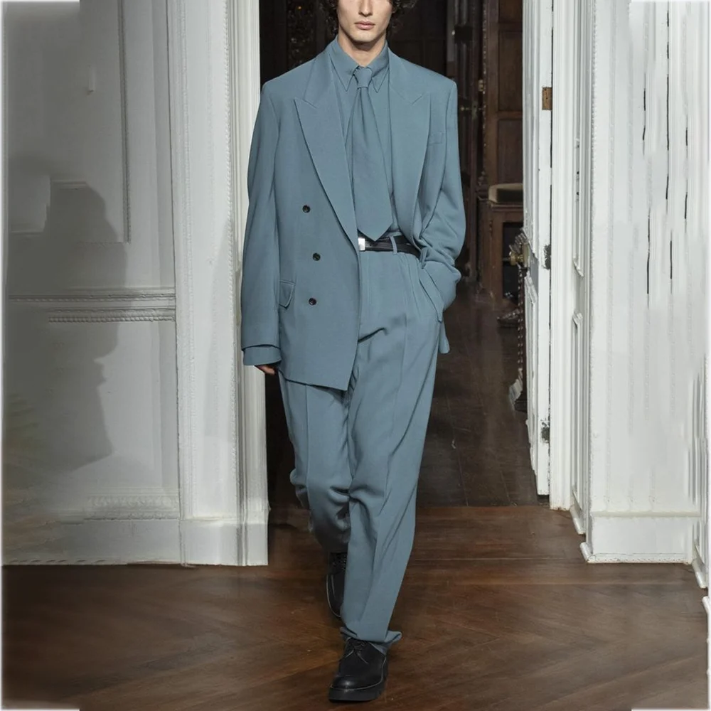 

Стильные синие мужские костюмы свободного покроя, двубортные наряды в английском стиле, повседневные повседневные модные мужские костюмы для выпускного вечера