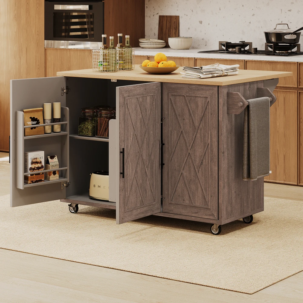 

51" W Farmhouse Rolling Kitchen Island with Drop-Leaf, Geometric Twill Stripe Design,Storage Shelves & Towel Rack, Brown