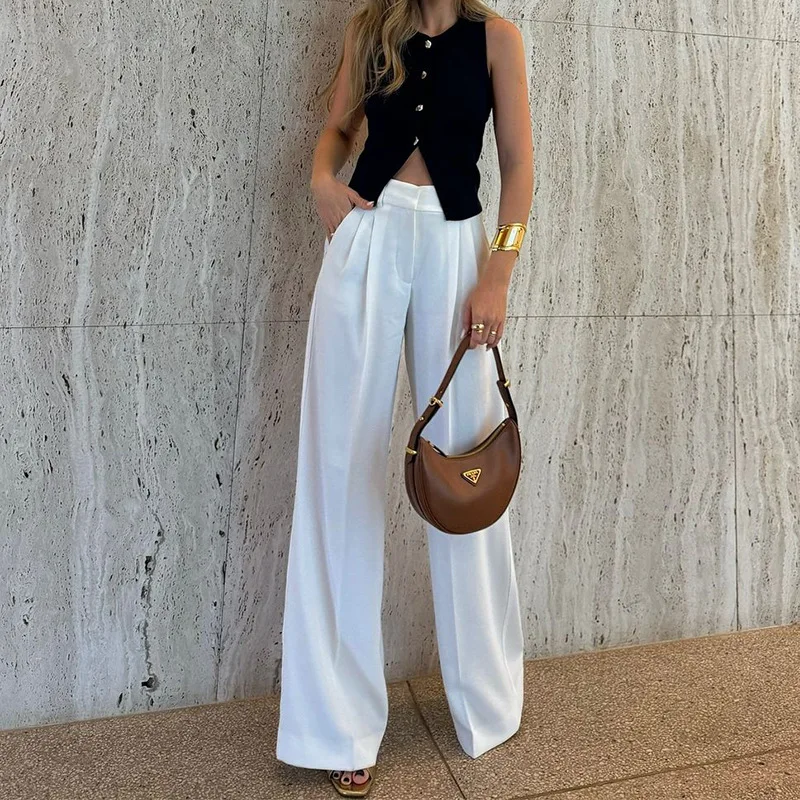 

Spring Summer Faion Pure Color Loose Wide Leg Pants High Waist Long Trousers Ele Lady's Busin Casual Pants