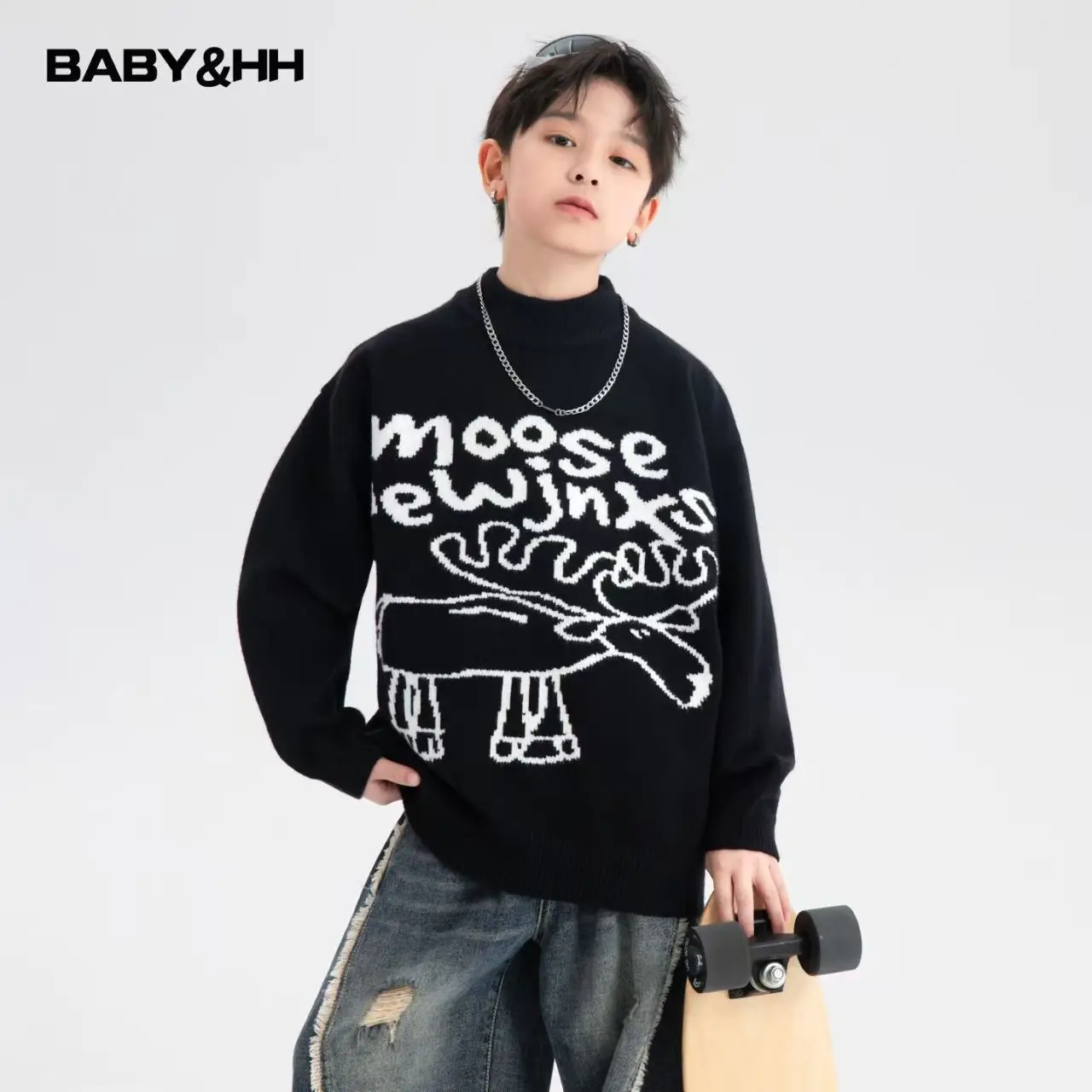 Boys' Autumn And Winter Clothes Black Cartoon Half High Neck Sweater 2026 New Item Children's Thick And Warm Knitted Top