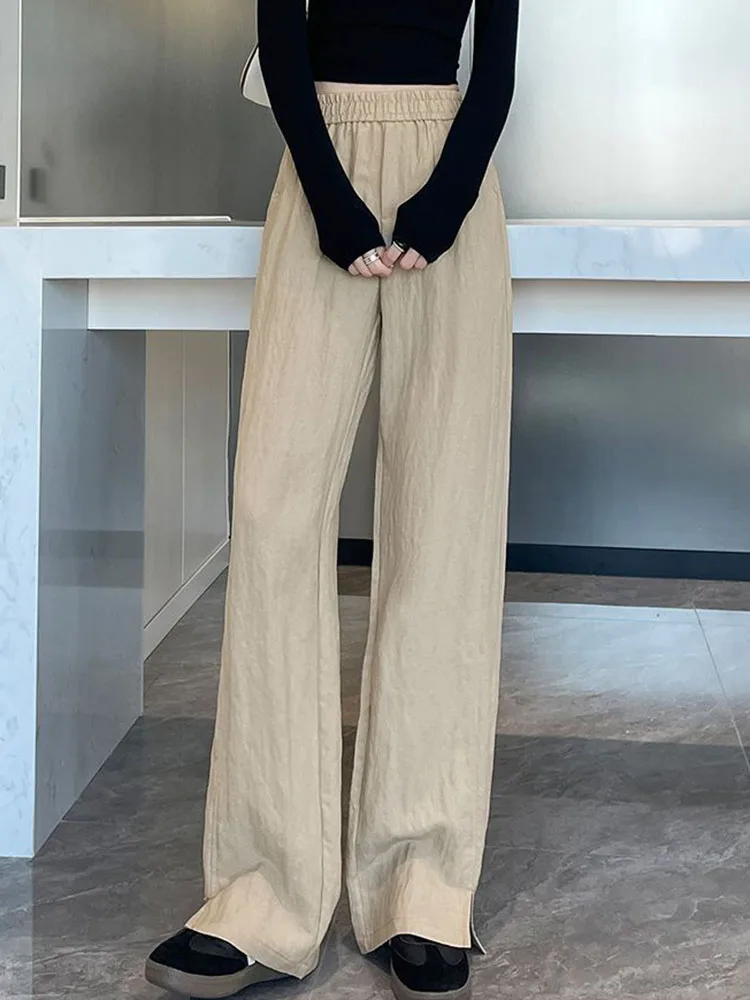 Letnie cienkie lodowe Slik podział proste spodnie damskie dorywczo luźne szerokie nogawki Pantalones koreańskie modne elastyczne spodnie dresowe z wysokim stanem