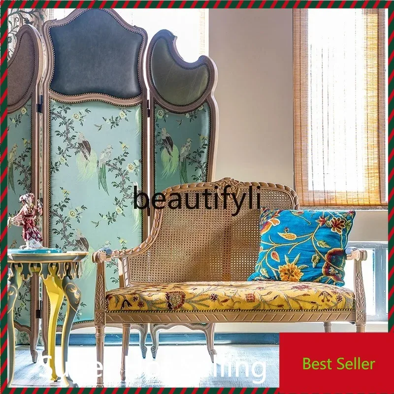 

G80 French Chinese style rattan mat sofa solid wood retro casual furniture