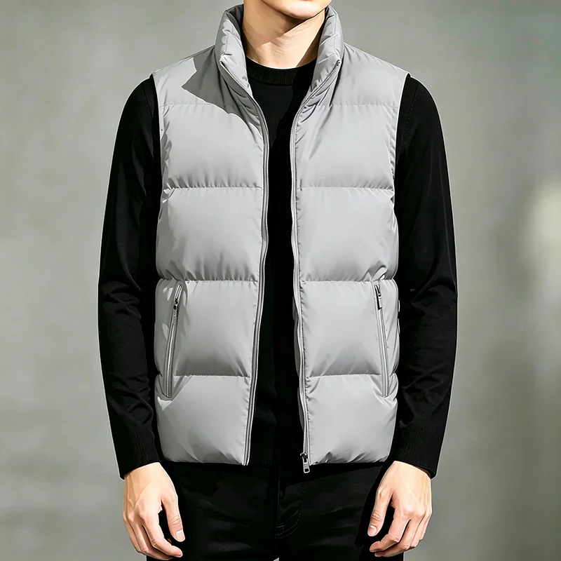 New Men's Thick Warm Vest Autumn Winter Solid Color Fashionable Casual Zippered Pockets Stand-Up Collar Sleeveless Jackets Vest