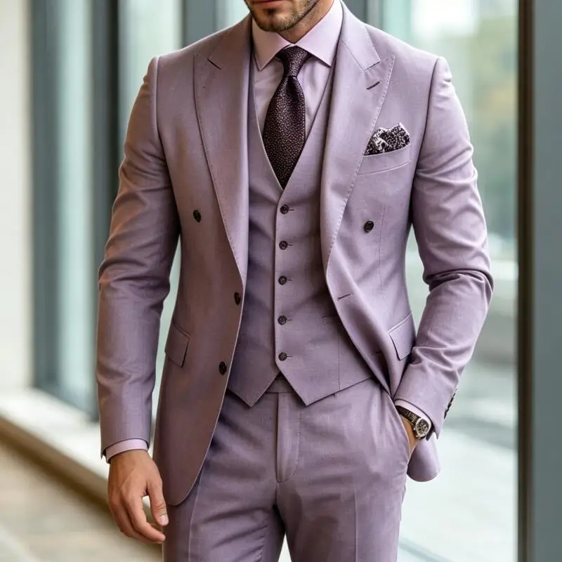 

Classic Lavender Men's Suits Double Breasted Peaked Lapel Slim Fit Jacket Pants Vest Male Clothing 3 Piece Wedding Blazer Terno